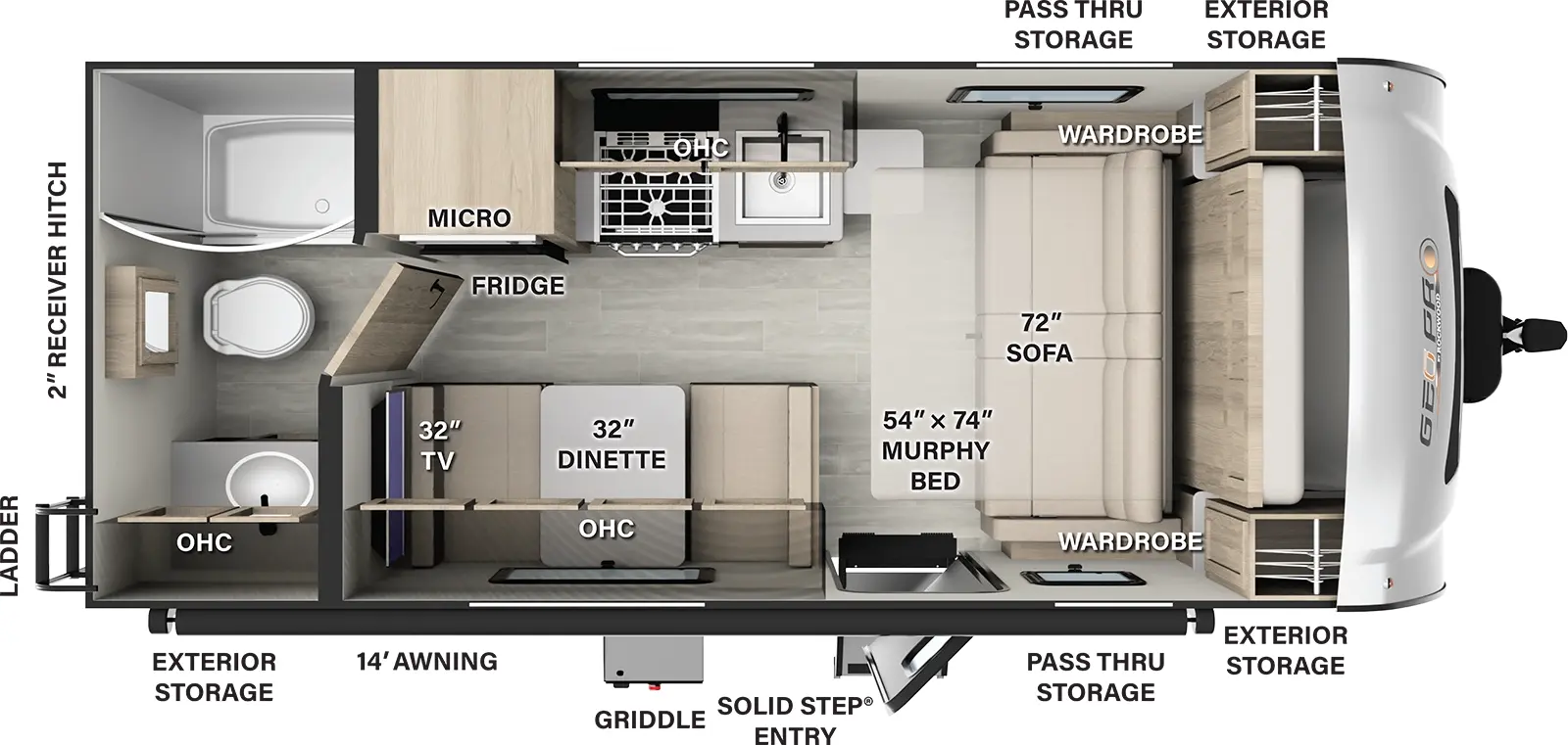 The G19FD has no slide outs and 1 entry door. Exterior features storage, pass thru storage, solid step entry, griddle, 14 foot awning, ladder, and 2 inch receiver hitch. Interior layout front to back: murphy bed/sofa with wardrobes on each side; off-door side kitchen countertop with sink, cooktop, overhead cabinet, microwave and refrigerator; door side dinette with overhead cabinet and TV; rear full bathroom with overhead cabinet.